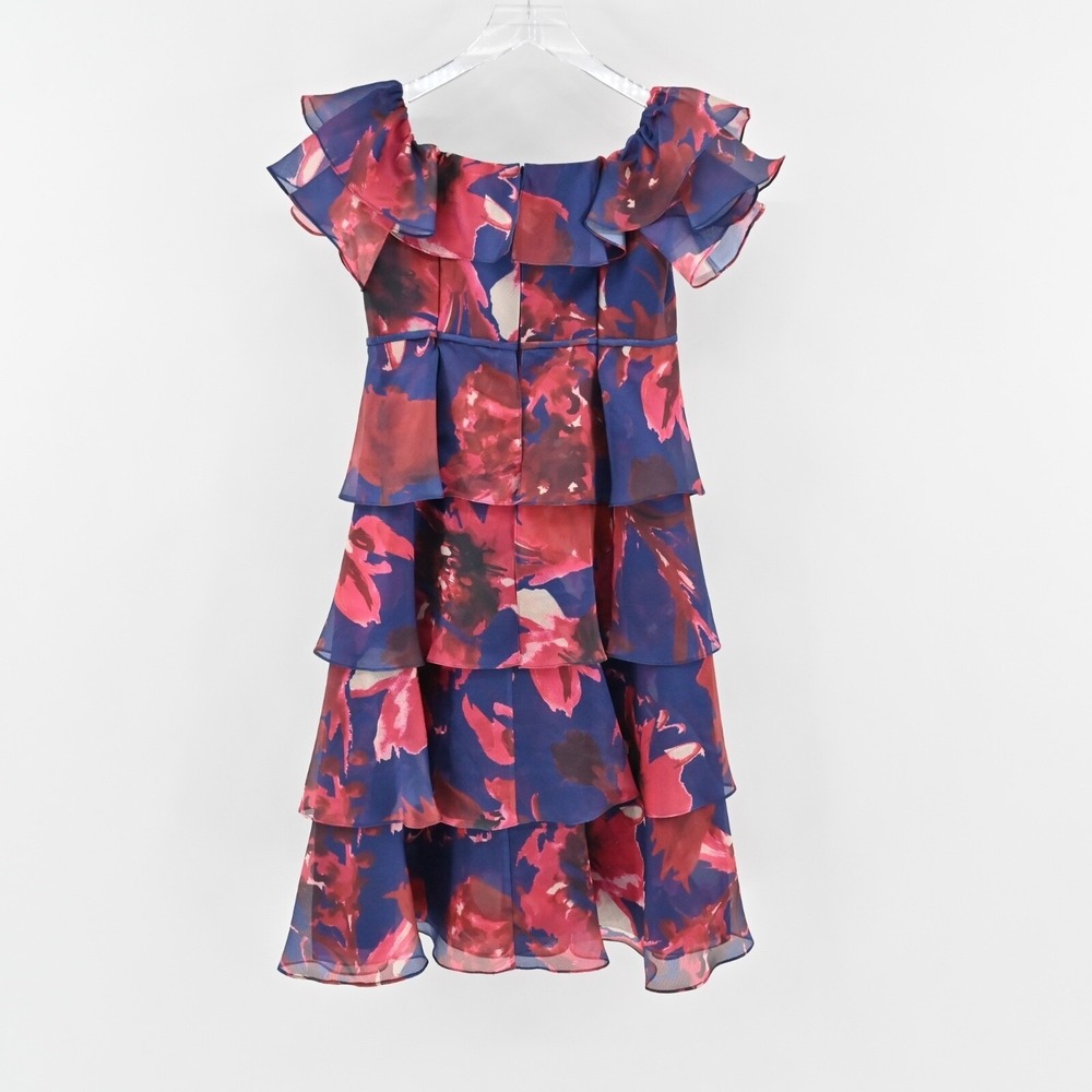 Rickie Freeman Teri Jon Floral Tiered Ruffle Dress Womens Sz 6 Navy Red Wedding - Picture 3 of 12